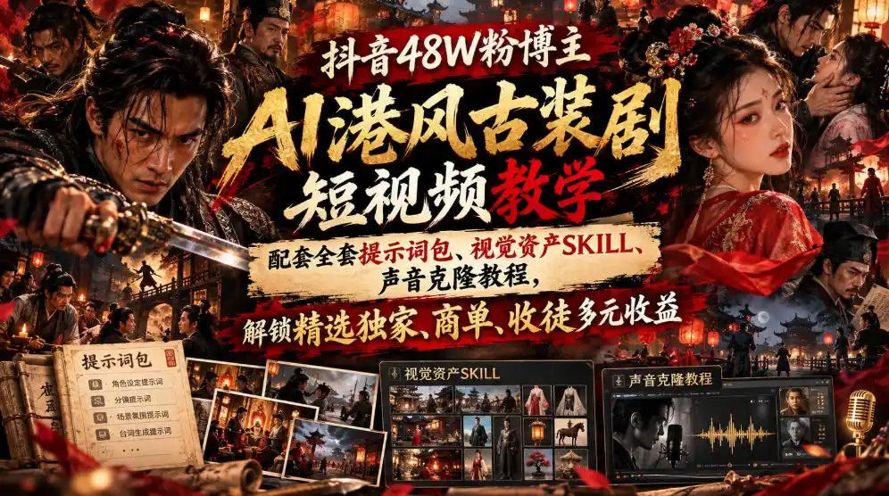 抖音48W粉博主AI港风古装剧短视频教学,配套全套提示词包、视觉资产SKILL、声音克隆教程,解锁精选独家、商单、收徒多元收益-海淘下载站