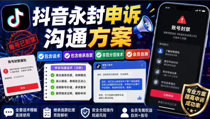 抖音永封申诉沟通方案，包含话术，包含继承违禁，非百分百技术，会员自测-海淘下载站