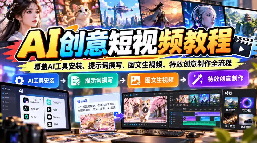 AI创意短视频教程,覆盖AI工具安装、提示词撰写、图文生视频、特效创意制作全流程-海淘下载站