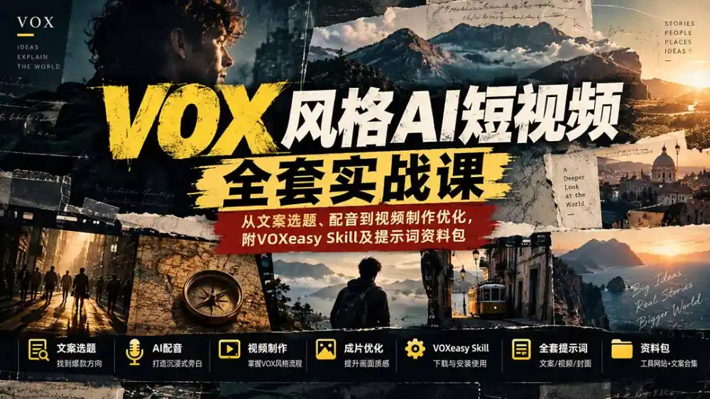 【无水印】VOX风格AI短视频全套实战课：从文案选题、配音到视频制作优化，附VOXeasy Skill及提示词资料包-海淘下载站