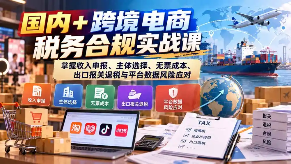 国内+跨境电商税务合规实战课：掌握收入申报、主体选择、无票成本、出口报关退税与平台数据风险应对-海淘下载站