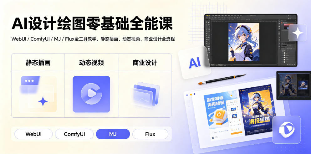 AI设计绘图零基础全能课|WebUI/ComfyUI/MJ/Flux全工具教学,静态插画、动态视频、商业设计全流程-海淘下载站