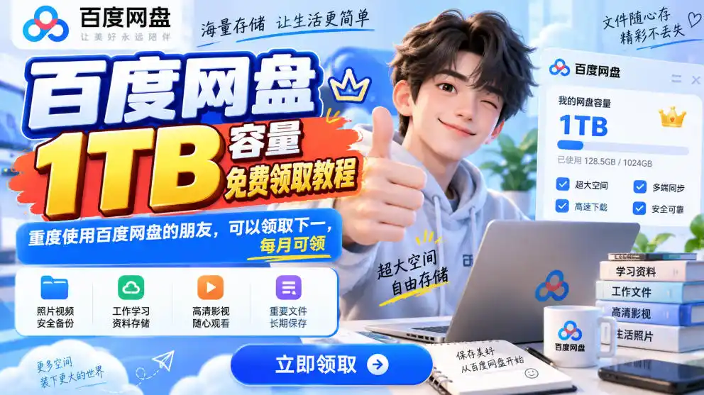 百度网盘1TB容量免费领取教程,重度使用百度网盘的朋友,可以领取下一,每月可领-海淘下载站