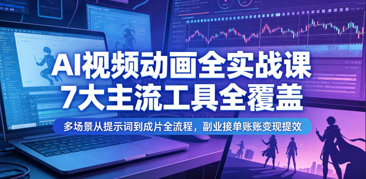 AI视频动画全实战课,7大主流工具全覆盖,多场景从提示词到成片全流程,副业接单账号变现提效-海淘下载站