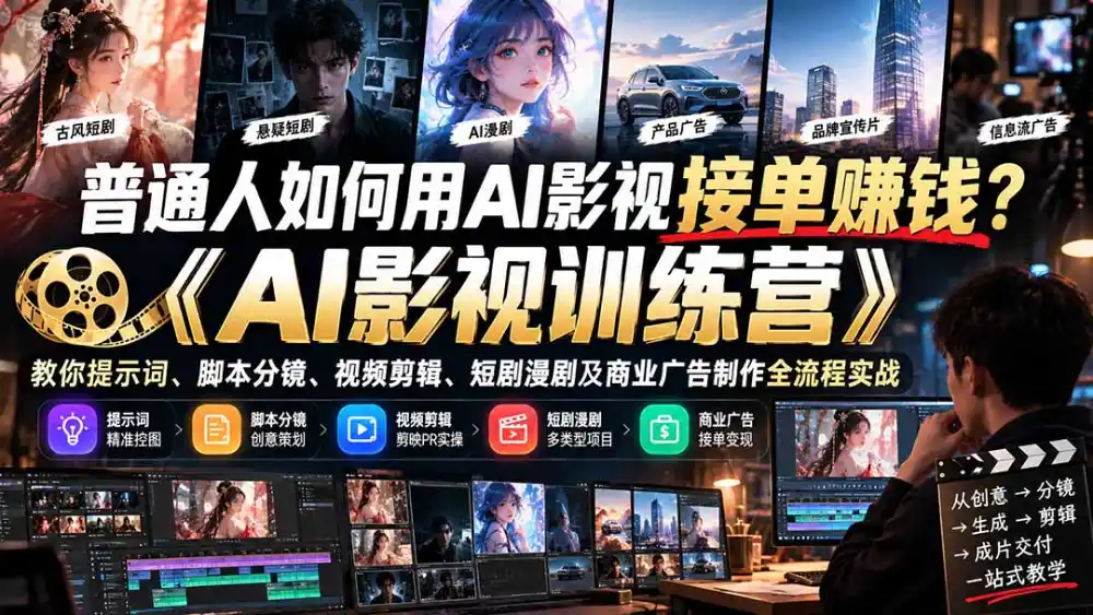 普通人如何用AI影视接单赚钱？《AI影视训练营》教你提示词、脚本分镜、视频剪辑、短剧漫剧及商业广告制作全流程实战-海淘下载站