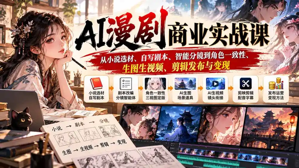 AI漫剧商业实战课：从小说选材、自写剧本、智能分镜到角色一致性、生图生视频、剪辑发布与变现-海淘下载站