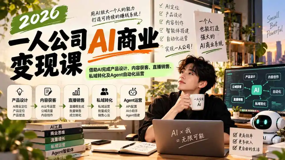 2026一人公司AI商业变现课：借助AI完成产品设计、内容获客、直播销售、私域转化及Agent自动化运营-海淘下载站
