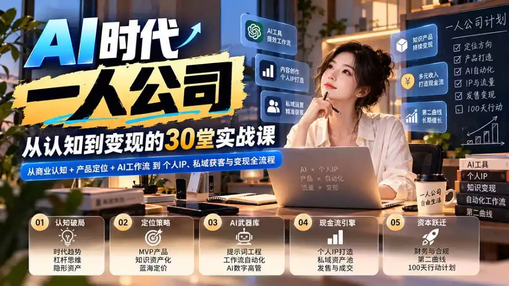 【无水印】AI时代一人公司30堂实战课：从商业认知+产品定位+AI工作流到个人IP、私域获客与变现全流程-海淘下载站
