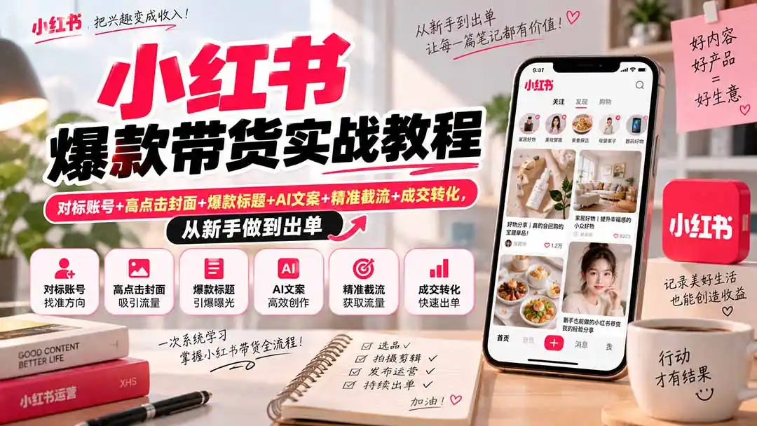 小红书爆款带货实战教程｜对标账号+高点击封面+爆款标题+AI文案+精准截流+成交转化，从新手做到出单-海淘下载站