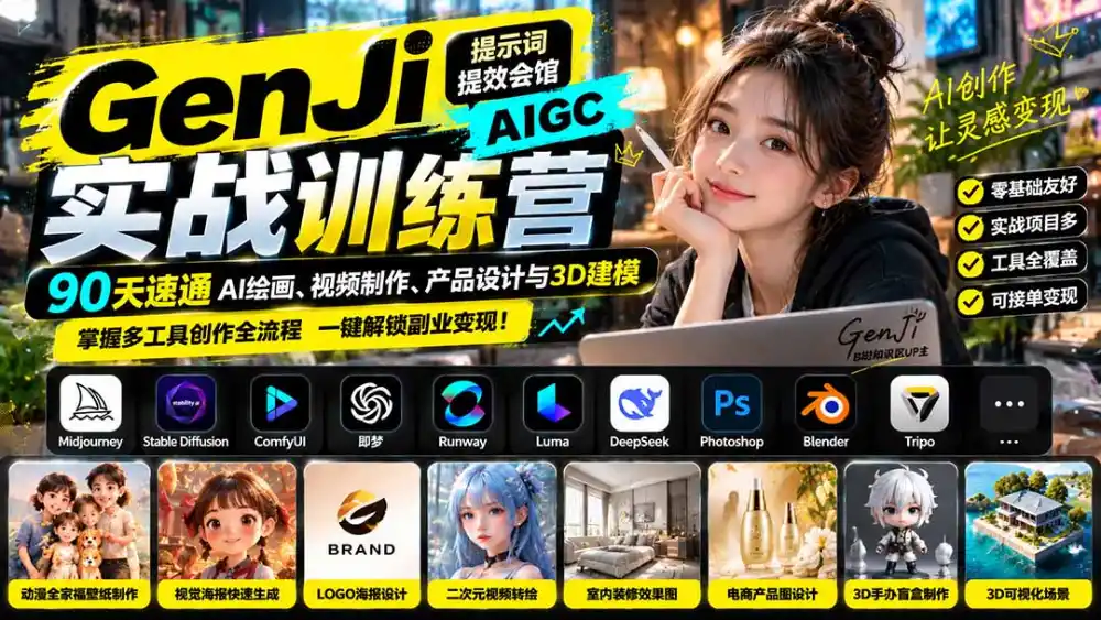 GenJi AIGC实战训练营:90天速通AI绘画、视频制作、产品设计与3D建模,掌握多工具创作全流程-海淘下载站