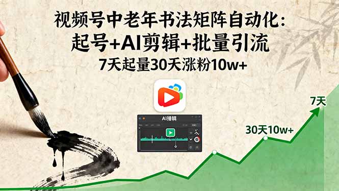 视频号中老年书法矩阵自动化:起号+AI剪辑+批量引流 7天起量30天涨粉10w+-海淘下载站