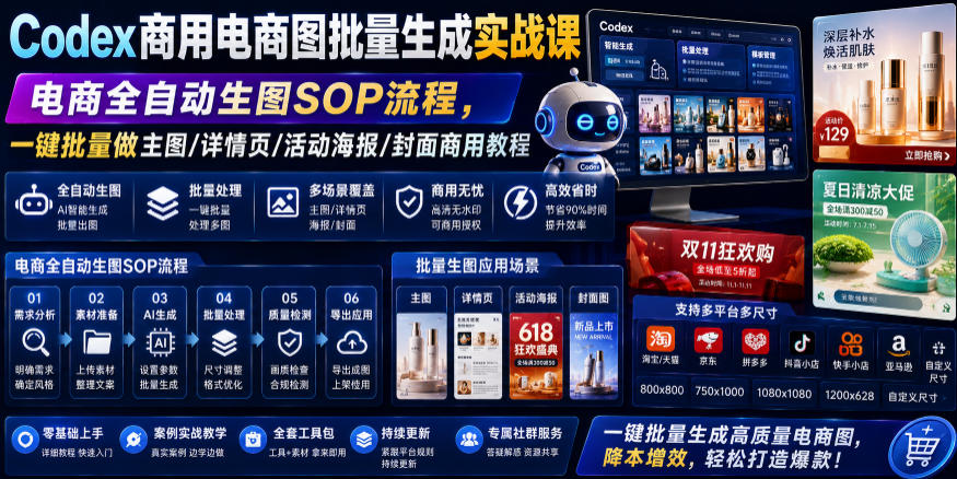 Codex商用电商图批量生成实战课|电商全自动生图SOP流程,一键批量做主图/详情页/活动海报/封面商用教程-海淘下载站