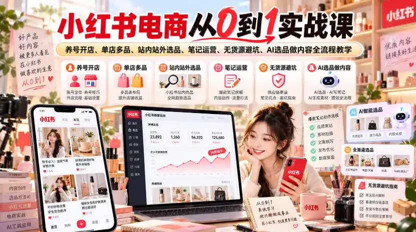 小红书电商从0到1实战课|养号开店、单店多品、站内站外选品、笔记运营、无货源避坑、AI选品做内容全流程教学 小红书电商从0到1实战课|养号开店、单店多品、站内站外选品、笔记运营、无货源避坑、AI选品做内容全流程教学