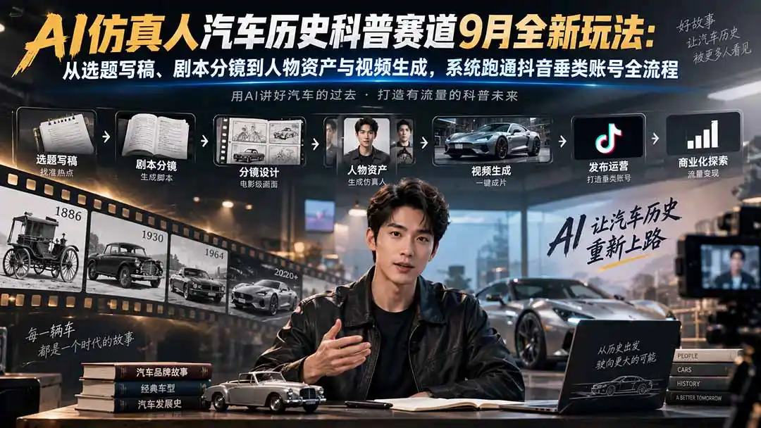 AI仿真人汽车历史科普赛道9月全新玩法：从选题写稿、剧本分镜到人物资产与视频生成，系统跑通抖音垂类账号全流程-海淘下载站