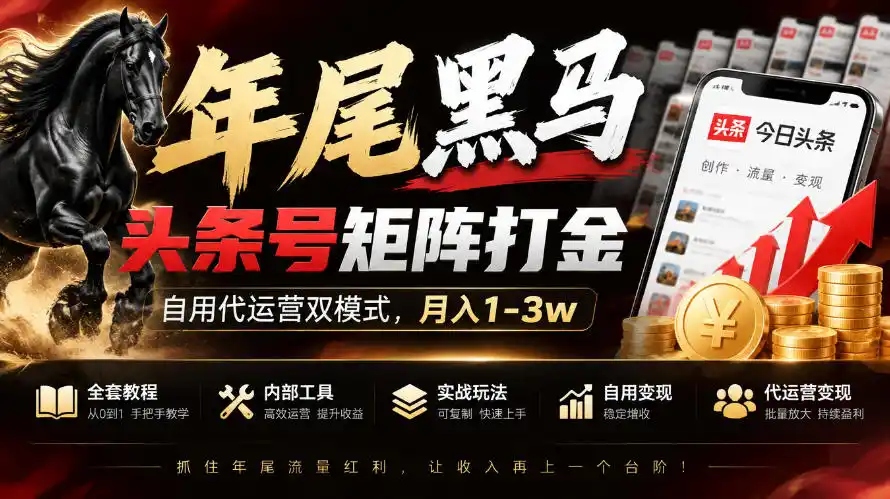【年尾黑马】头条号矩阵打金,自用代运营双模式,月入1-3w,附全套教程及内部工具【揭秘】-海淘下载站