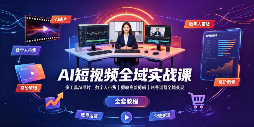 AI短视频全域实战课|多工具AI成片、数字人带货、剪映高阶剪辑、账号运营全域变现全套教程-海淘下载站