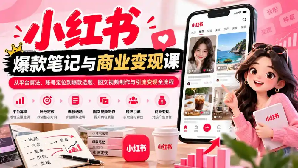 2026小红书爆款笔记与商业变现课：从平台算法、账号定位到爆款选题、图文视频制作与引流变现全流程-海淘下载站