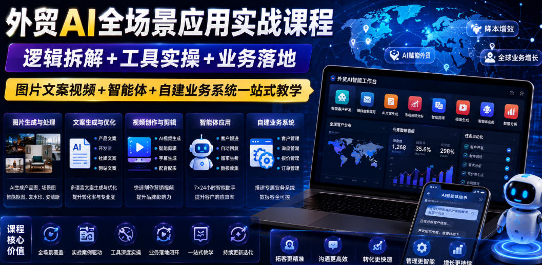 外贸AI全场景应用实战课程｜逻辑拆解+工具实操+业务落地，图片文案视频+智能体+自建业务系统一站式教学-海淘下载站