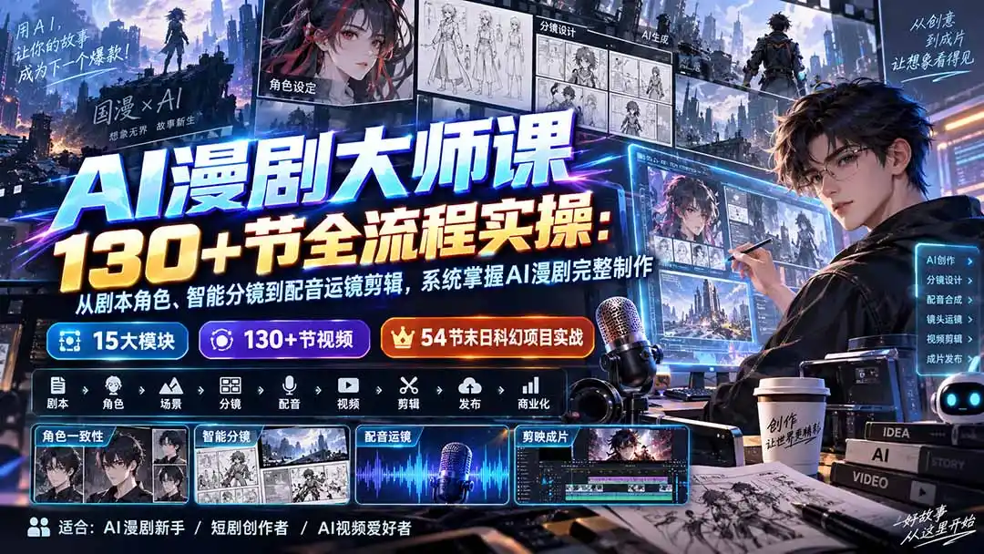 AI漫剧大师课130+节全流程实操：从剧本角色、智能分镜到配音运镜剪辑，系统掌握AI漫剧完整制作-海淘下载站