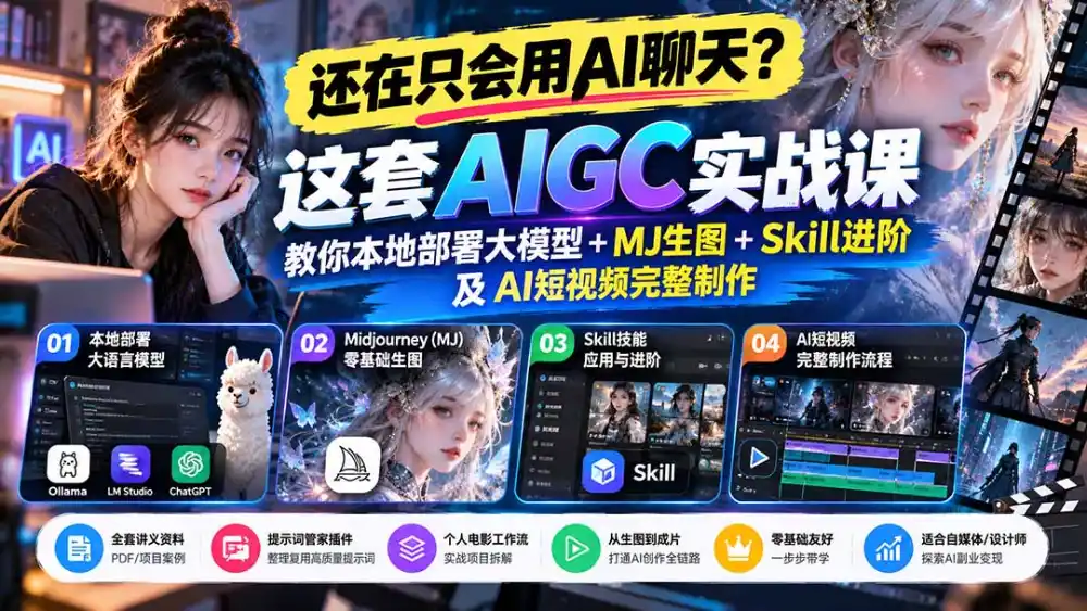 【无水印】还在只会用AI聊天？这套AIGC实战课教你本地部署大模型+MJ生图+Skill进阶及AI短视频完整制作-海淘下载站