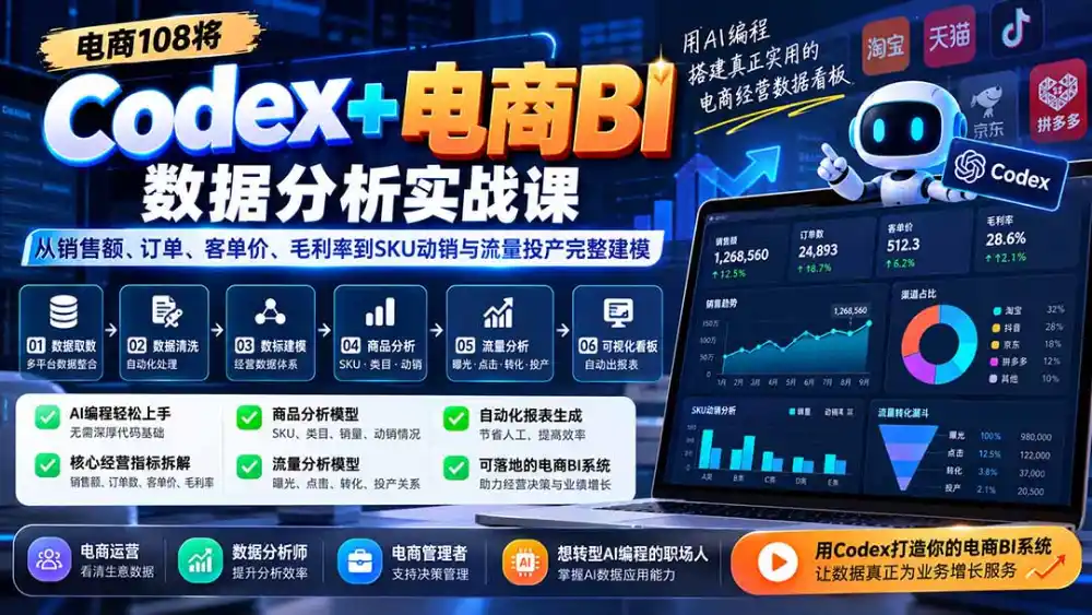 Codex+电商BI数据分析实战课-更新：从销售额、订单、客单价、毛利率到SKU动销与流量投产完整建模-海淘下载站