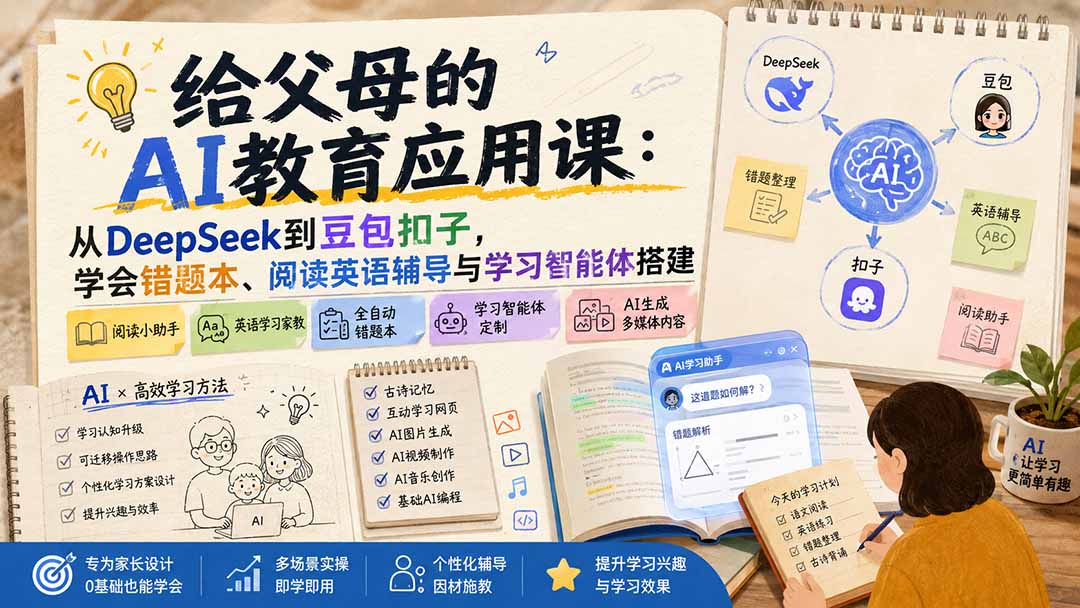 给父母的AI教育应用课：从DeepSeek到豆包扣子，学会错题本、阅读英语辅导与学习智能体搭建-海淘下载站